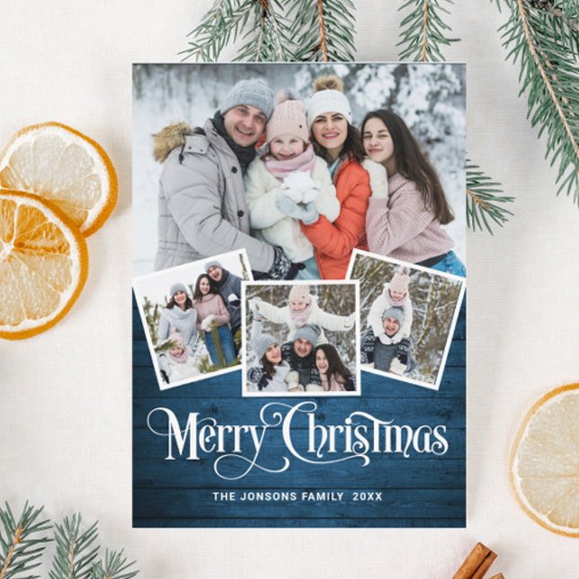 Noël Rustique Bleu Bois 4 PHOTO Carte magnétique (Créateur téléchargé)