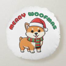 Noël Shiba Inu Coussin rond : Joyeux Woofmas