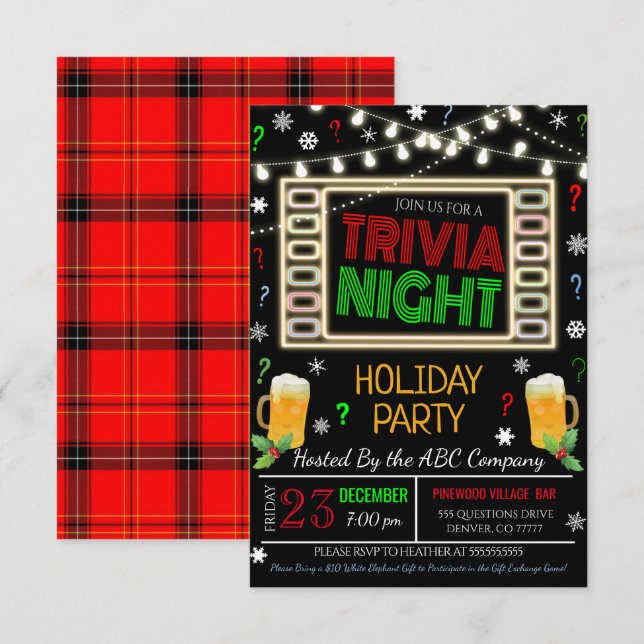 Noël Trivia Night Party Invitation (Devant / Derrière)