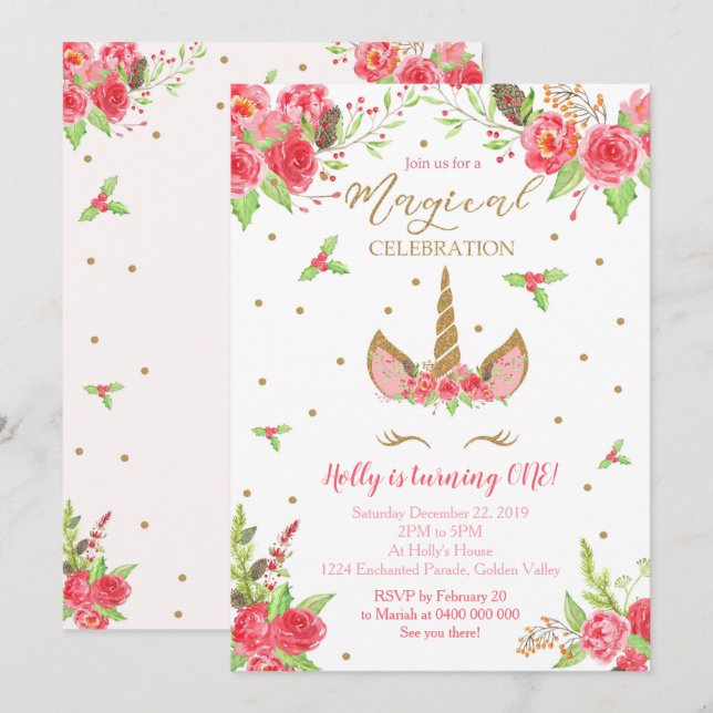 Noël Unicorne Invitation Anniversaire (Devant / Derrière)