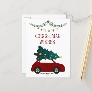 Noël Voiture rouge et arbre Carte postale de vacan