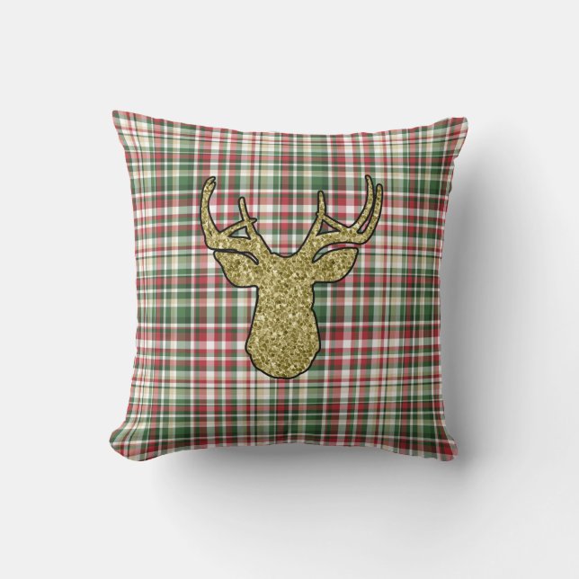 Noël XMAS Plaid Tartan Gold Deer Buck Coussin (Recto)