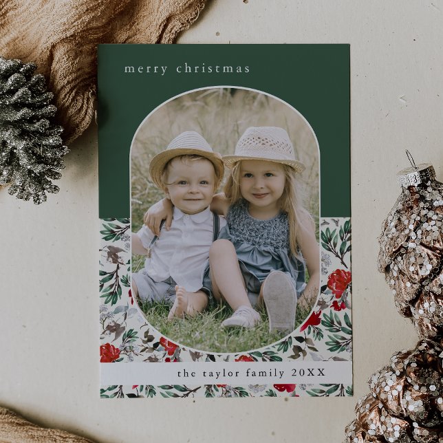 NOELLE Green Red Floral Family Foto Weihnachten (NOELLE Green Red Floral Family Photo Christmas Holiday Card)