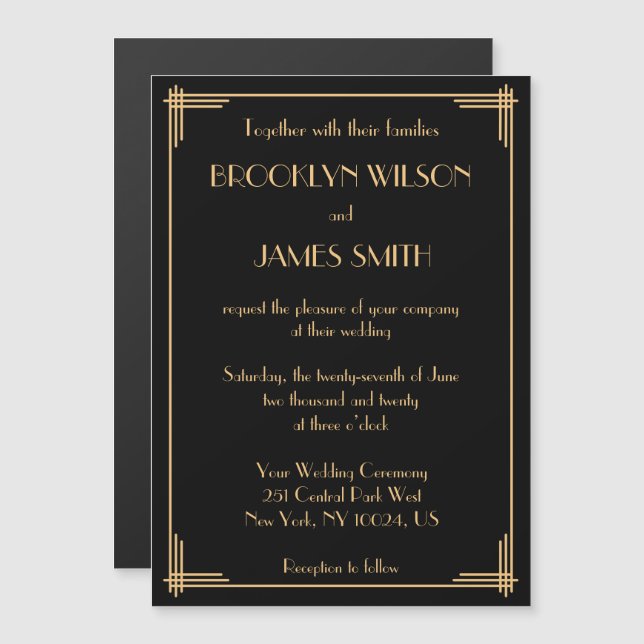 Noir Art Déco Grand Gatsby Magnet Wedding Invite (Devant / Derrière)