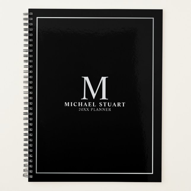 Noir avec argent Monogramme personnalisé et nom (Devant)