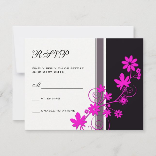 Noir avec chaud rose Fleur mariage RSVP (Devant)