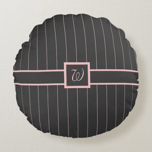 Noir avec Coussin rond à rayures roses (Devant)