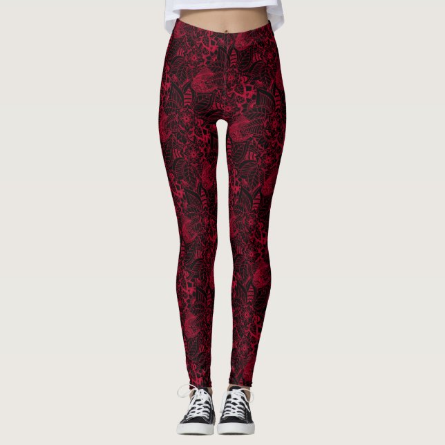 Noir avec dentelle rouge florale Motif Leggings (Devant)