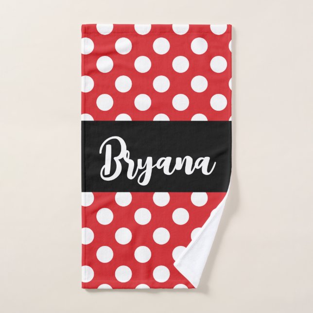 Noir avec Pois blancs rouges Personnalisé (Serviette à main)