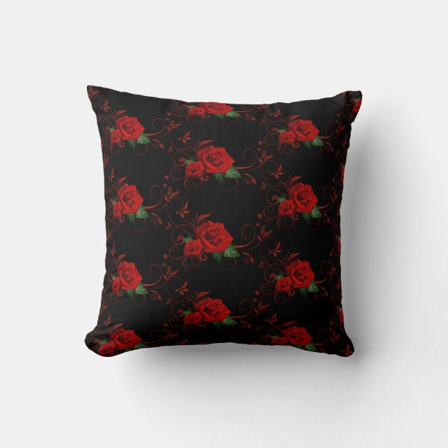 Noir Avec Roses Rouges Décor Lancer Oreiller (Recto)