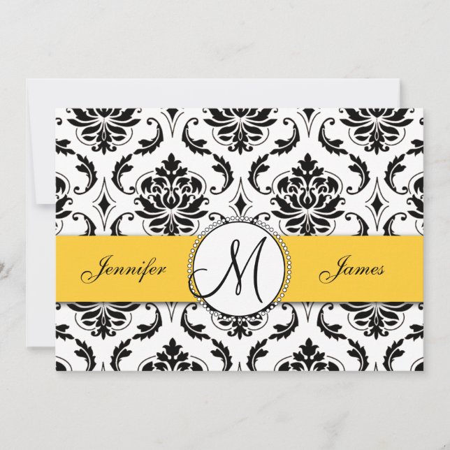 Noir blanc Damas Faire-part de mariage jaune (Devant)