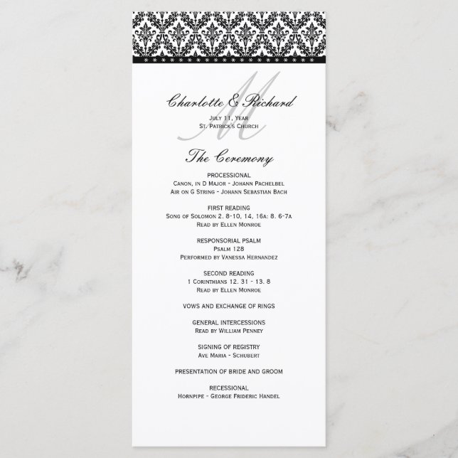 Noir & Blanc Damask Monogramme Programme de mariag (Devant)