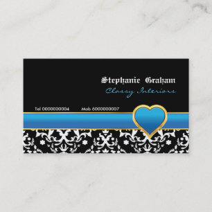Noir blanc damassé bleu coeur carte de visite