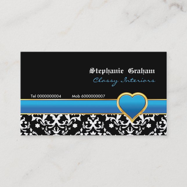 Noir blanc damassé bleu coeur carte de visite (Devant)