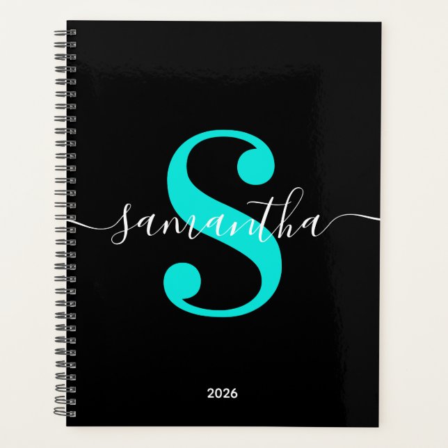 Noir blanc et bleu turquoise moderne Monogramme (Devant)