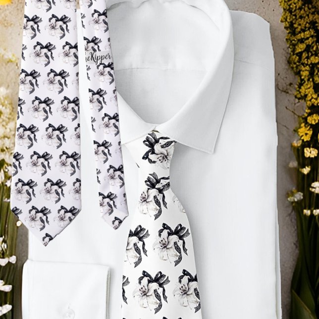 Noir Blanc Floral Botanique Lily Cravate de ruban (Créateur téléchargé)