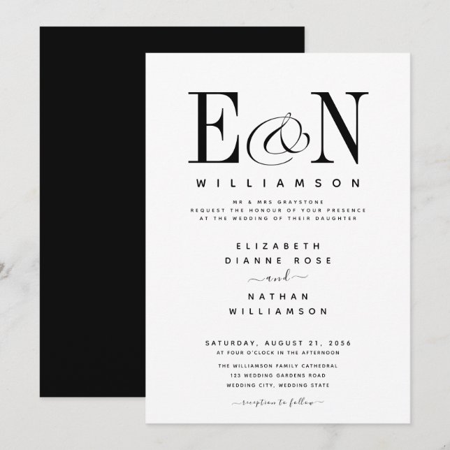 Noir & Blanc moderne Elégant Mariage Invitation (Devant / Derrière)