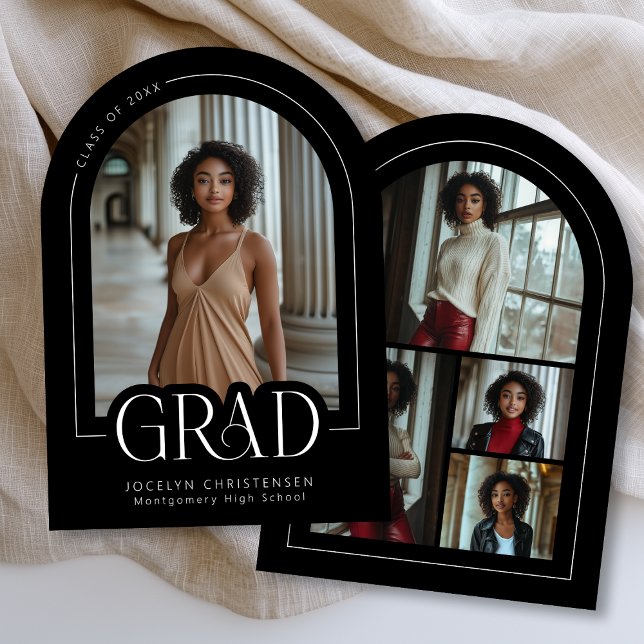 Noir Blanc moderne photo Collage Faire-part Grad (Front + Back)