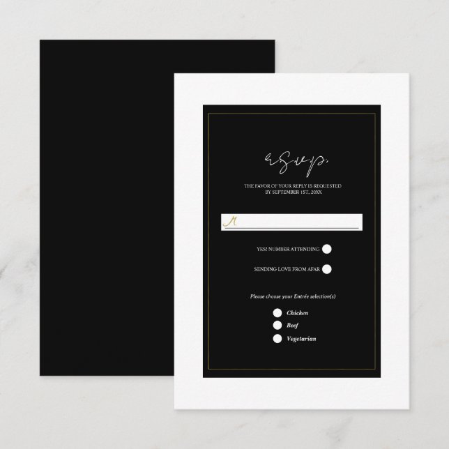 Noir Blanc Or moderne Mariage minimal RSVP (Devant / Derrière)
