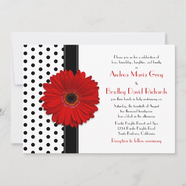 Noir blanc Polka Pot rouge Faire-part de mariage m (Devant)