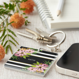 Noir Blanc rayé Floral Or Personnalisé