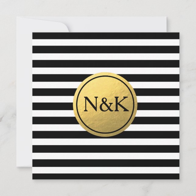 Noir blanc rayé & or Faire-part de mariage à huile (Devant)
