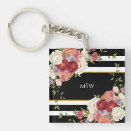 Noir Blanc rayé Peonies & Or Personnalisé