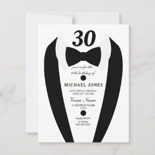 Noir blanc Tuxedo Mens 30e anniversaire Invitation