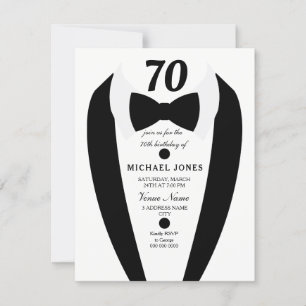 Noir blanc Tuxedo Mens 70e anniversaire Invitation