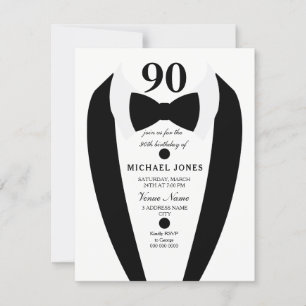 Noir blanc Tuxedo Mens 90e anniversaire Invitation