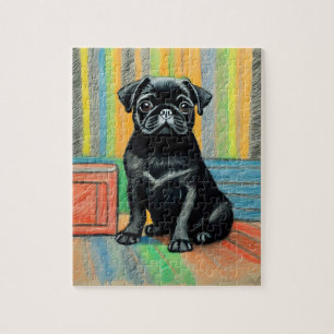 Noir Carlin chiot crayon art puzzle idée cadeau
