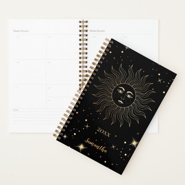 Noir céleste moderne Soleil étoiles Nom Année (Devant avec enveloppe)