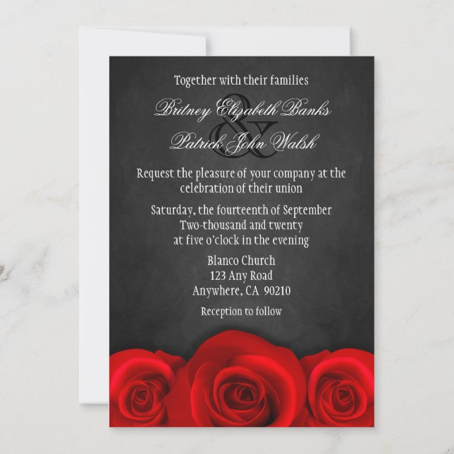 Noir Chalboard Red Rose Wedding Invitations (Dos)