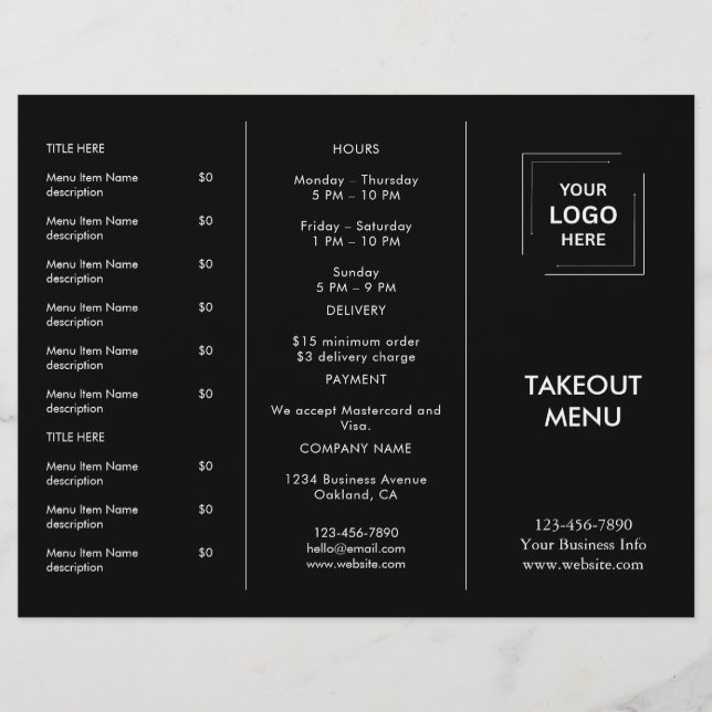 Noir Custom Business Logo Restaurant Takeout Menu (Devant)