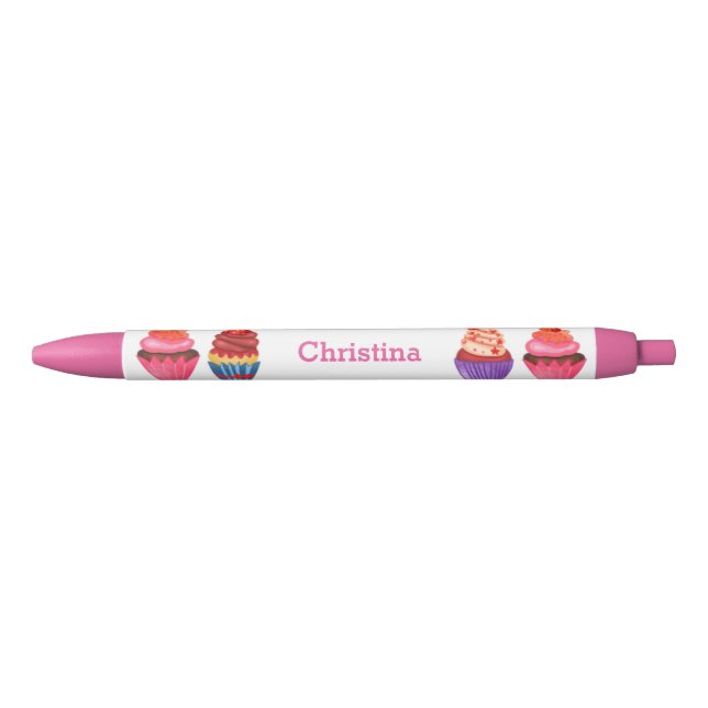 Noir Cute Cupcakes Nom personnalisé Stylo rose A12 (Devant)