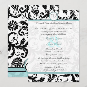 Noir Damas Aqua Faire-part de mariage bleu