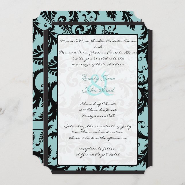 Noir Damas Faire-part de mariage bleu Turquoise (Devant / Derrière)