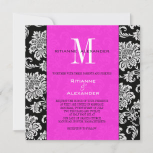 Noir Damas Hot rose Faire-part de mariage