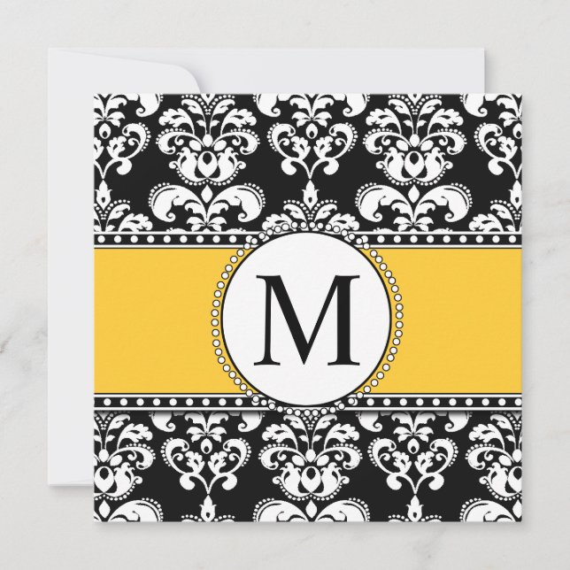 Noir Damas Monogramme Mariage Invitations Jaune (Devant)
