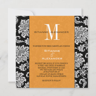 Noir Damas Orange Faire-part de mariage Monogramme