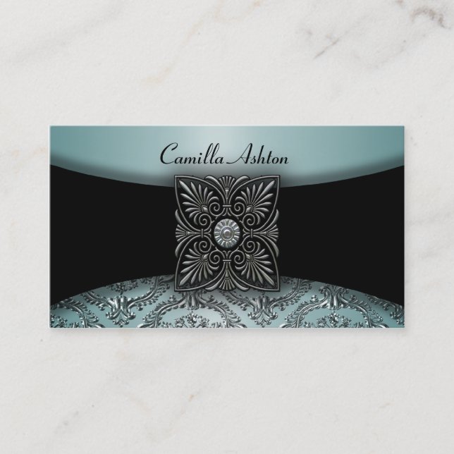 Noir Damas Turquoises Cartes de visite Bleus (Devant)