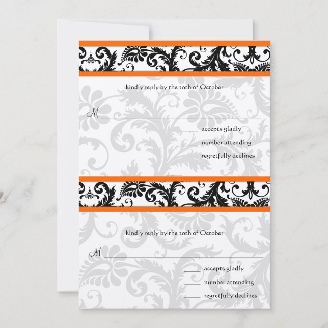 Noir Damask Orange Trier RSVP Faire-part de mariag (Devant)
