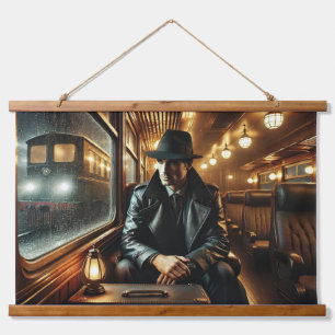 Noir Detection auf einer Rainy Train Journey Wandteppich Mit Holzrahmen