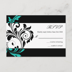 Noir et Aqua Floral Swirl Wedding RSVP