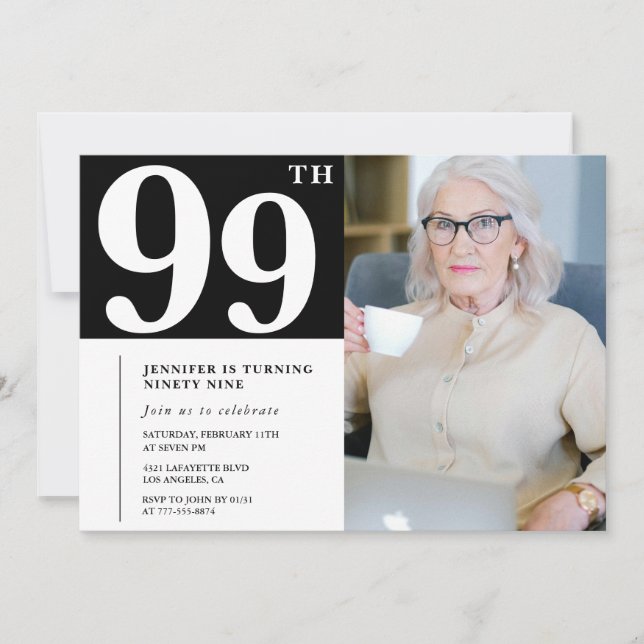 Noir et blanc 99e anniversaire Invitations Photo (Devant)