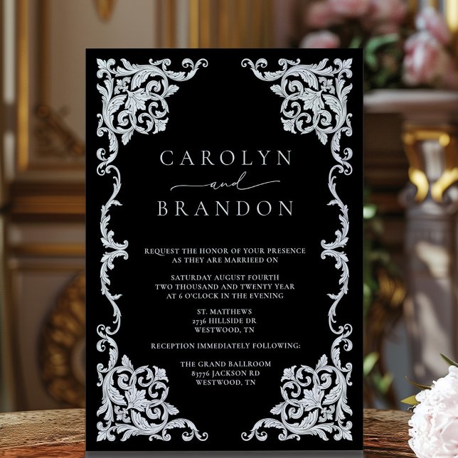 Noir et blanc Elegant Faire-part de mariage Orné (Ornate black and white vintage frame wedding invitation)