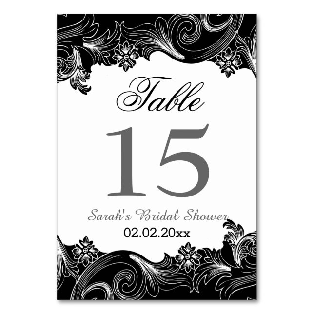 Noir et blanc floral Numéros de table personnalisé (Dos)