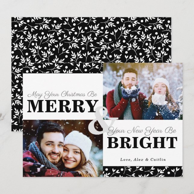 Noir et blanc Noël vert 2 Cartes photos (Devant / Derrière)