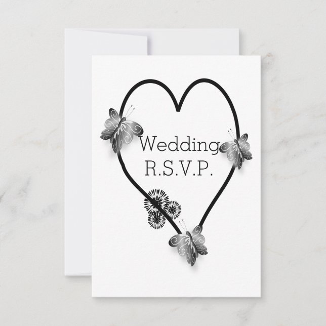 Noir et Blanc Papillon Coeur Mariage RSVP (Devant)