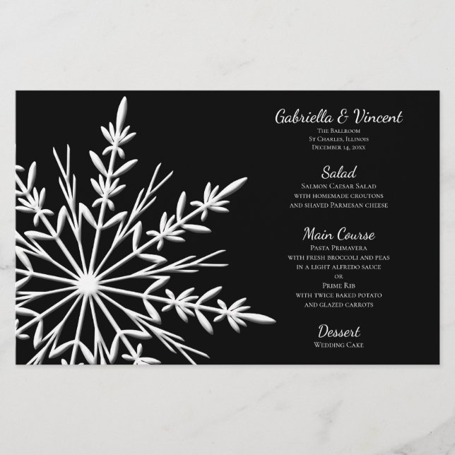 Noir et blanc Snowflake Menu de mariage hivernal (Devant)
